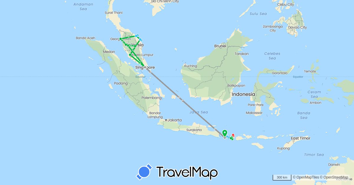 TravelMap itinerary: bus, plane, hiking, boat, motorbike in Indonesia, Malaysia, Singapore (Asia)